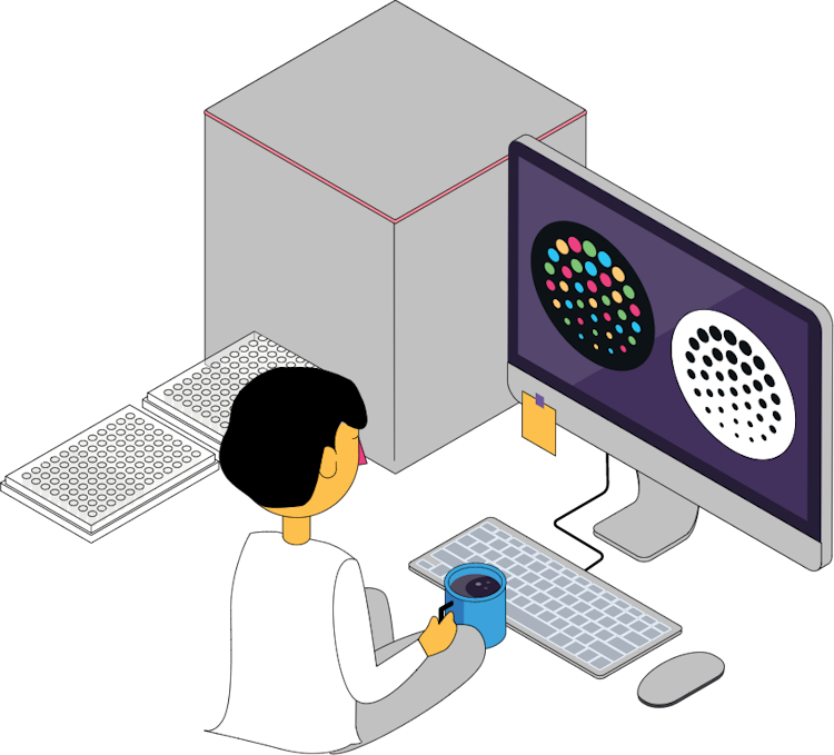 Illustration of a scientist using an IRIS FluoroSpot reader