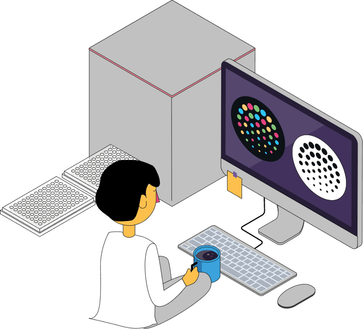 Illustration of a scientist using an IRIS 2 FluoroSpot and ELISpot reader